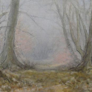 Claire "Petit matin brumeux en forêt" Huile sur toile marouflée sur panneau