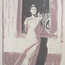 Femme à la fenêtre - Linogravure bi color - Geneviève Balichard