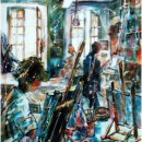 Peinture de yann Bost: "L'atelier" 100 cm x 81 cm