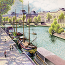 Le port des péniches hollandaises au Pont-neuf - Gouache aquarellée