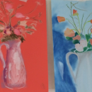 études de fleurs en pot, d'après nature, pastelles sèches, crayon de couleur, craies grasses